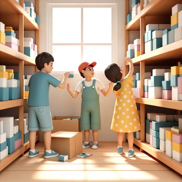 A group of three children, two boys and a girl, are inside a small warehouse filled with wooden shelves stacked high with matchboxes. The boy on the left, wearing a blue t-shirt and denim shorts, is carefully placing matchboxes into a cardboard box. The boy in the middle, dressed in a red cap and green overalls, is holding a matchbox while looking up at the girl. The girl, wearing a yellow dress with white polka dots, is standing on tiptoes to reach a higher shelf, her hair tied in two pigtails. Sunlight streams through a small window, illuminating dust particles in the air, while the wooden floor is scattered with a few open matchboxes.