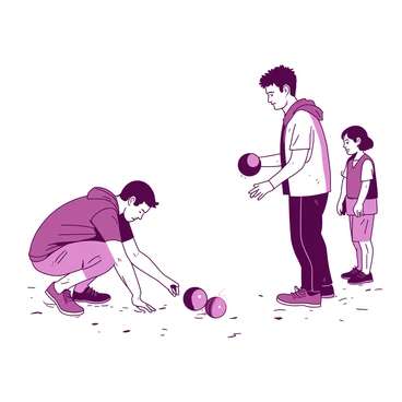 A group of players is focused on their game of petanque as light rain falls around them. One player is crouched down, measuring the distance between a metallic ball and a cochonnet. Another player stands with a throwing stance, gripping a shiny metallic ball in their right hand, while a third player watches attentively from the side. The ground is slightly wet, with small puddles forming, and the players are wearing casual clothing suitable for outdoor play. Raindrops are visible on their clothes and the metallic balls, adding a dynamic element to the scene. The overall atmosphere captures their determination as they continue the game despite the drizzle.