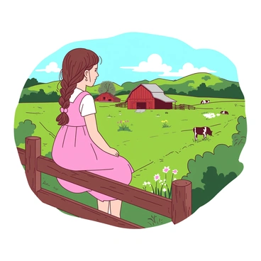 A girl wearing a pink country-style dress is sitting on a weathered wooden fence. She has long brown hair tied in a loose braid that cascades down her back. The girl is looking out over a sprawling farm, where green fields stretch into the distance. In the background, there are rolling hills dotted with colorful wildflowers. A rustic red barn is visible, surrounded by a few grazing cows and a clear blue sky overhead. The setting sun casts a soft light, creating a warm atmosphere in the scene.
