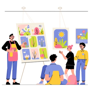 An art gallery exhibition featuring an illustration expert standing beside a large display board showcasing colorful illustrations. The illustrations depict whimsical scenes, such as a magical forest with friendly animals and a vibrant underwater world filled with fish and coral. The expert is wearing glasses and a colorful apron, smiling as they explain their work to an audience gathered around them. The gallery walls are adorned with more framed illustrations, and soft lighting highlights the artwork on display.