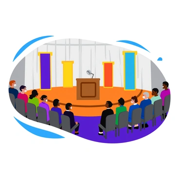 A formal ceremony taking place in a large hall. The stage is elevated and centered, decorated with colorful banners displayed on either side. A shiny silver microphone is positioned on a sleek wooden podium at the front of the stage. The background features elegant drapery that adds to the formal ambiance of the event. Several chairs are arranged in rows facing the stage, filled with attendees dressed in formal attire. Bright lights illuminate the stage, drawing attention to the raffle drawing taking place.