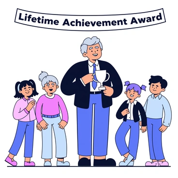 An older person stands proudly on a stage, holding a shiny trophy that represents a lifetime achievement award. The person has gray hair and is wearing a formal suit. Next to them are three family members, each smiling joyfully. One family member is a middle-aged person wearing a dress, while the other two are younger, a teenage girl with pigtails and a young boy in a collared shirt. The background features a simple banner that reads "Lifetime Achievement Award" in bold letters.