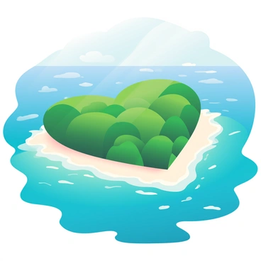 An aerial view showcases a heart-shaped island with lush green vegetation covering its surface. The island is surrounded by vibrant turquoise waters that shimmer in the sunlight. White sandy beaches line the edges of the island, creating a contrast against the rich green foliage. Small waves gently lap at the shore, adding texture to the water's surface. In the distance, the horizon meets the sky, which is a clear blue with a few wispy clouds.