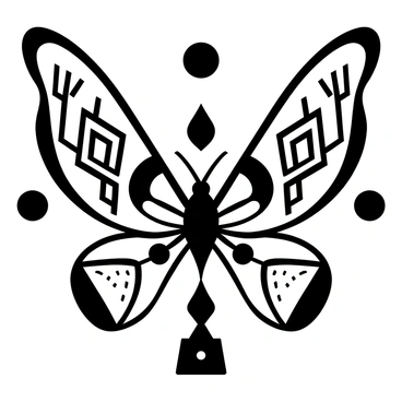 A "schmetterling" with intricate wing patterns composed of geometric shapes and lines, displayed in a symmetrical design. The wings feature a variety of black and white patterns, arranged in a harmonious layout. The body of the "schmetterling" is central, connecting the two wings seamlessly. Surrounding the "schmetterling," there are stylized geometric shapes that complement its form, creating a dynamic composition. The image captures the essence of art deco through the precise arrangement and bold lines.