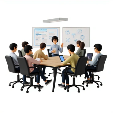 A student with short black hair and glasses is seated at a long wooden table in a university conference room. They are wearing a light blue button-up shirt and dark jeans. In front of them, there is a laptop with a presentation displayed on the screen, highlighting the "Benefits of Scholarship" in bold letters. The student is confidently gesturing with one hand while holding a piece of paper with scholarship details in the other. Bright overhead lights illuminate the room, and there are several other students engaged in the discussion around the table, taking notes and asking questions. A whiteboard in the background has scribbled notes and diagrams related to scholarships.