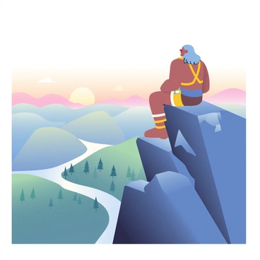 A titan with strong features and stone-like skin is sitting on a high mountaintop, overlooking the vast landscape below. The titan has long, flowing hair that blends with the rocky terrain, and he is wearing a simple loincloth made of natural materials. His expression is calm and thoughtful as he gazes into the distance. Below him, the landscape features rolling hills, a winding river, and a forest of tall trees stretching out towards the horizon. The sky above is a gradient of soft colors, transitioning from light blue to warm oranges and pinks as the sun begins to set.