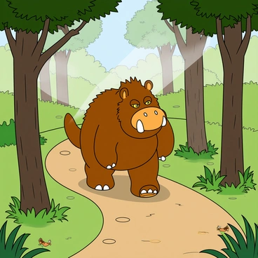 The Gruffalo, a large, furry creature with a brown body and distinguished orange wart-like markings, is walking down a winding forest path. He has two curved tusks protruding from his mouth and a pair of fierce, yellow eyes. The path is lined with lush greenery and vibrant plants. Tall, slender trees with dark green leaves tower on either side of the path, casting playful shadows on the ground. Sunlight filters through the tree branches, creating dappled light effects on the forest floor. The Gruffalo appears confident as he strolls, and a few curious birds can be seen perched on the branches above.