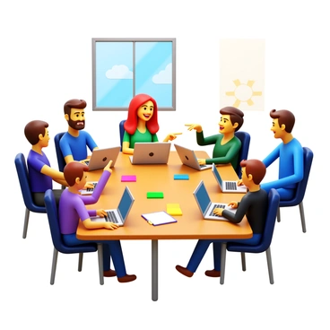 A group of developers sitting around a wooden table, each with a laptop open in front of them. They are engaged in conversation, smiling and gesturing as they share ideas. A few colorful sticky notes are scattered on the table, reflecting their brainstorming process. Each developer has a unique appearance, showcasing a diverse range of styles and expressions. One developer is pointing at the screen of their laptop, while another is taking notes on a notepad. Sunlight streams in through a nearby window, illuminating the collaborative atmosphere.