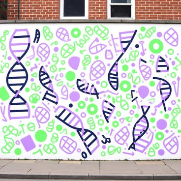 A large mural covers a city wall, illustrating complex genetic codes and sequences. The mural is filled with intricate patterns of double helixes intertwined with various nucleotides represented in a repeating sequence. Scattered across the mural are abstract shapes resembling chromosomes and genetic markers. The mural features visual representations of DNA strands in various orientations, creating an engaging composition. In the background, the texture of the wall is visible, adding depth to the overall design.