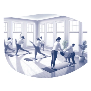 A spacious yoga studio filled with natural light streaming through large windows. The room features hardwood floors and minimalist decor. In the center, a group of individuals are gracefully transitioning between various yoga poses, showcasing flexibility and balance. Nearby, a massage therapist is applying gentle pressure to a client's back, using a combination of hands-on techniques that complement the yoga practice. The atmosphere conveys a sense of harmony and well-being. Various yoga mats are arranged on the floor, and potted plants add a touch of nature to the serene environment.