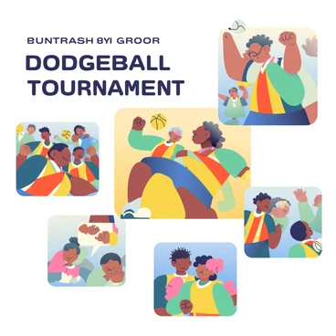 A collage of photographs displaying key moments from a dodgeball tournament is arranged in an engaging layout. In the center, there is an image of players with diverse skin tones in vibrant athletic uniforms throwing dodgeballs. On the left, a close-up of a player with curly hair and glasses dodging a thrown ball captures the intensity of the game. To the right, a team huddles together, showcasing their camaraderie, with one player raising a fist in celebration. In the background, spectators can be seen cheering, their excitement adding energy to the scene. Small images at the corners highlight memorable plays, including a dramatic catch and an impressive dive to evade a ball. Each photograph is framed with a slight shadow to create depth and separation.