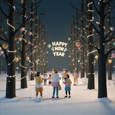 Twinkling fairy lights entwined around trees in a park, celebrating New Year