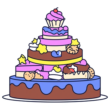 A mountain made entirely of desserts, featuring layers of colorful cakes, glossy pies, and assorted cookies. The base of the mountain consists of a large chocolate cake with swirls of icing. Rising above are slices of berry pie, with shimmering fruit filling peeking out. Scattered throughout the mountain are cookies in various shapes, including stars and hearts. Topping the mountain is a giant cupcake with a swirl of pink frosting and a cherry on top. The entire scene is bright and inviting, showcasing a variety of textures and colors in the dessert mountain.