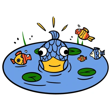 A small fish with shimmering blue scales, puffing up confidently in the center of a large pond. The fish has large, exaggerated eyes and a determined expression. Surrounding the small fish are several bigger fish with vibrant colors and varied patterns, looking surprised. The pond is filled with clear blue water and green lily pads floating on the surface. Sunlight filters through the water, creating a playful ripple effect.