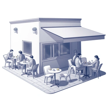 A classic French café with a charming outdoor seating arrangement. Round metal tables are scattered on the sidewalk, each accompanied by mismatched bistro chairs. Patrons, a mix of men and women, are sitting at the tables, some engaged in conversation while others leisurely sip coffee. A variety of pastries are displayed on small plates in front of them, showcasing croissants and éclairs. The café features an awning that provides shade, with decorative details like potted plants adding to the inviting atmosphere. The ground is paved with cobblestones, completing the quintessential French scene.