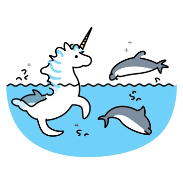 A unicorn with a shimmering white mane and a spiraled horn is swimming in a crystal-clear ocean. The sunlight filters through the water, illuminating the scene with soft reflections. Beside the unicorn, playful dolphins leap out of the water, their sleek bodies glistening. The waves create gentle ripples around them, while small fish can be seen darting below the surface. The overall composition captures a harmonious underwater interaction.