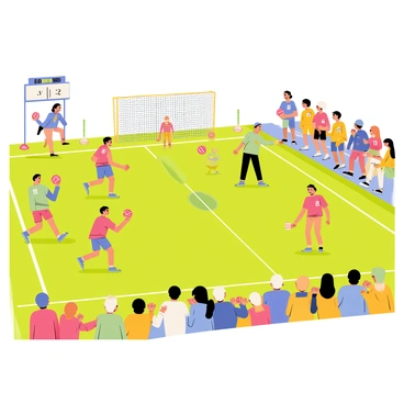 A dodgeball tournament taking place on a vibrant green field under "sunny skies". Players in colorful uniforms are actively engaged in the game, dodging and throwing bright red dodgeballs. Spectators are seated on the sidelines, with a mix of children and adults, all cheering and holding snacks. A scoreboard showing the current score is visible in the background. The atmosphere is lively with the excitement of competition in the air.