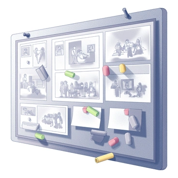 A close-up view of a large storyboard pinned onto a textured wall. The storyboard is filled with illustrated panels depicting various scenes and character movements. Colorful markers are scattered around the edges, with some markers lying on the surface beneath the storyboard. The panels are detailed, showcasing different elements, characters, and actions, creating a dynamic visual narrative. Pins are visible holding the storyboard in place, with clear textures of the wall adding depth to the image.