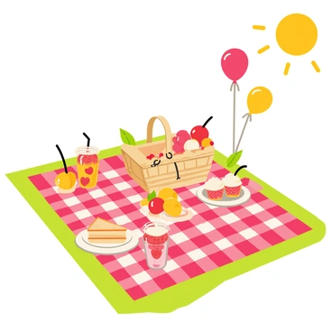 A picnic blanket spread on green grass, adorned with red and white checkered patterns. Cherry-themed decorations include vibrant red cherry balloons floating in the air, and small cherry-shaped table centerpieces. A basket filled with red and yellow cherries sits next to an assortment of food items, including sandwiches cut into triangle shapes and cherry-flavored cupcakes with white frosting on a matching plate. Refreshing drinks in clear cups filled with ice and red cherry slices are placed on the blanket. The sun shines brightly overhead, casting warm light over the joyful scene in the park.