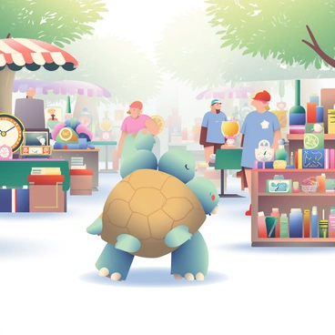 A Blastoise with a strong, sturdy shell is walking through a quaint vintage market. The market is filled with various old treasures and trinkets displayed on wooden tables. There are antique clocks with intricate designs, colorful glass bottles, and vintage books stacked high. To the side, a small stall showcases an assortment of toys, including marbles and toy trains. The atmosphere is lively, with other market-goers browsing and chatting. Soft sunlight filters through the trees, casting gentle shadows on the ground, enhancing the charming ambiance of the market.