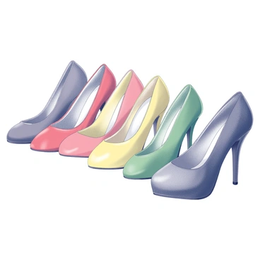 A collection of high heels arranged in a rainbow pattern. Each shoe is uniquely designed with distinct shapes and details, showcasing a variety of styles. The heels are positioned closely together to form a seamless gradient from one shoe to the next, creating a visually striking display. The background is plain and white, allowing the collection to stand out prominently.
