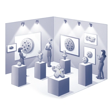An art gallery interior featuring a variety of cookie-inspired artworks. The walls are adorned with large, framed pieces depicting intricate cookie designs, including detailed illustrations of chocolate chip cookies, sugar cookies with decorative icing, and gingerbread cookies shaped like various figures. Display pedestals are positioned throughout the space, showcasing three-dimensional cookie sculptures. The floor is polished and reflects the light from overhead spotlights illuminating each artwork. Visitors can be seen admiring the pieces, engaging in conversation about the creativity and craftsmanship of the displays.
