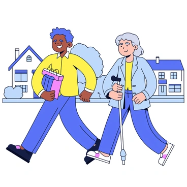 A person carrying multiple grocery bags while walking alongside an elderly neighbor. The person has a friendly smile and is wearing a bright yellow shirt. The elderly neighbor is holding a cane and wearing a light blue cardigan, looking grateful. They are walking along a clean sidewalk, with a few trees lining the path. In the background, there are small houses with well-kept lawns, adding a sense of community to the scene.