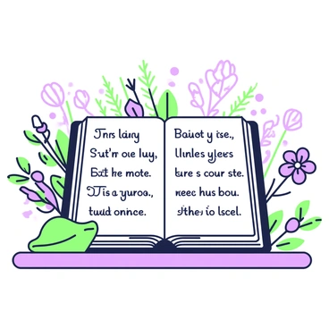 An open poetry book is placed on a wooden table. The pages display verses written in a delicate botanical font. Surrounding the book, there are intricate illustrations of various plants and flowers, intertwining gracefully around the edges of the pages. A small green leaf is resting on one side of the book, complementing the botanical theme. In the background, there are faint outlines of more botanical elements, creating a harmonious composition that emphasizes the beauty of nature in poetry.