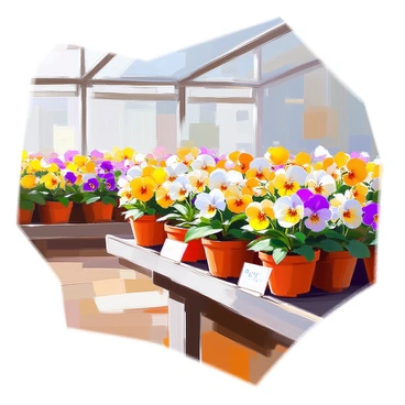 A greenhouse nursery filled with rows of vibrant potted pansy plants ready for sale. The pansies display a variety of colors, including deep purple, bright yellow, and soft white, each showcasing their distinct petal patterns. The potted plants are arranged neatly along wooden benches, with sunlight streaming in through the clear glass panels of the greenhouse. The atmosphere is lively, with the green leaves of the plants contrasting against the earthy tones of the pots. Labels with price tags are attached to some of the pots, indicating their availability for purchase.