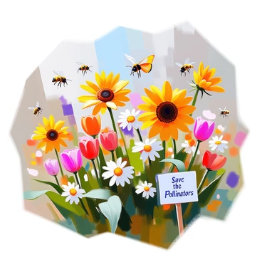 A vibrant garden brimming with a variety of flowers in full bloom, including sunflowers, tulips, and daisies. The blossoms are rich in color, with shades of yellow, pink, red, and purple, creating a lively scene. Bees can be seen buzzing energetically from flower to flower, collecting nectar, while butterflies flutter gracefully above the blooms, showcasing their colorful wings. The garden is designed to promote pollinator conservation, with a few small signs placed among the plants, reading "Save the Pollinators" in clear letters. The foliage around the flowers is lush and green, creating a thriving habitat for these important creatures.