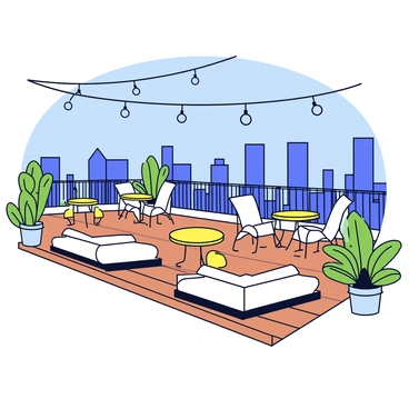 A chic city rooftop venue overlooking a city skyline. The venue features a smooth wooden deck and an array of elegant seating arrangements, including white cushioned chairs and small round tables with gold accents. Lush green plants are placed strategically around the area, adding a touch of nature to the urban setting. The skyline is dotted with tall buildings against a clear blue sky. String lights hang overhead, creating a warm and inviting atmosphere.