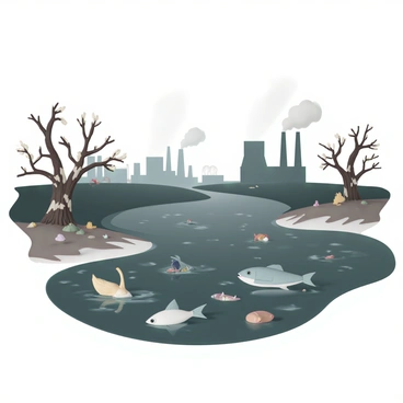 A wide river, flowing thick with dark, murky water filled with visible industrial waste. The surface of the water is littered with floating debris and toxic particles. On the banks of the river, dying trees with peeling bark and sparse leaves are evident, showcasing the effects of pollution. Various animals, including a distressed heron with drooping wings and a fish struggling in the water, are depicted, highlighting the harm to wildlife. In the background, shadowy silhouettes of factories release plumes of smoke into the sky, adding to the sense of environmental degradation.