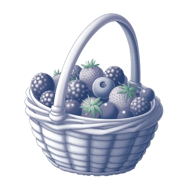 A woven basket sits on a natural surface, intricately crafted with a textured pattern. The basket is filled to the brim with various forest berries. Each berry has a distinct shape and size, showcasing the diversity of nature's bounty. The berries include plump blackberries, small round and shiny blueberries, and vibrant strawberries. The basket's open top reveals the colors and textures of the berries, while the woven material of the basket adds depth and interest to the composition.