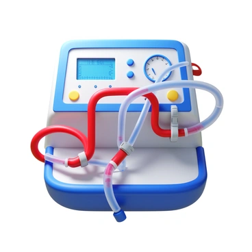 A detailed close-up of a hemodialysis machine circuit. The circuit consists of clear tubing intertwined with red and blue lines to represent blood and dialysate flow. Blood is visibly flowing through the transparent tubes, showcasing its rich red color. The hemodialysis machine displays various dials and screens, indicating measurements and settings. Small clamps are positioned along the tubing. The background is slightly blurred to emphasize the intricate details of the circuit.