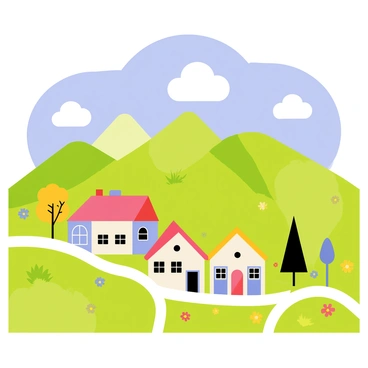 A quaint mountain village featuring small, colorful houses with red, blue, and yellow roofs. The houses are situated along narrow, winding cobblestone paths. Lush green hills rise gently around the village, dotted with patches of wildflowers in various colors. The sky above is a bright blue with fluffy white clouds scattered throughout, creating a cheerful atmosphere. A few trees with vibrant green leaves are positioned near the houses, adding to the charm of the scene.