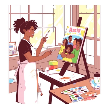 An artist is standing in a sunlit studio, holding a brush in their right hand. The artist has curly hair tied back and is wearing a white apron splattered with paint. In front of them, a large canvas is set on an easel, showcasing a vibrant scene depicting "racial harmony." Various figures of different ethnicities are depicted interacting joyfully, with smiles on their faces. The studio has large windows that allow natural light to flood in, illuminating the space filled with art supplies. Paint splatters and palettes are scattered on a wooden table nearby.