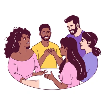 A group of five friends standing in a circle, each person facing inward with supportive expressions. One friend, a woman with curly brown hair, is speaking passionately while gesturing with her hands. Beside her, a man with short black hair nods in understanding, showing encouragement. Another woman with long straight black hair listens intently, her eyes focused on the speaker. Next to her, a man with a beard offers a reassuring smile, and the last friend, a woman with a pixie cut, has her hands clasped together, radiating warmth and connection. The background features soft shadows, emphasizing their supportive atmosphere.