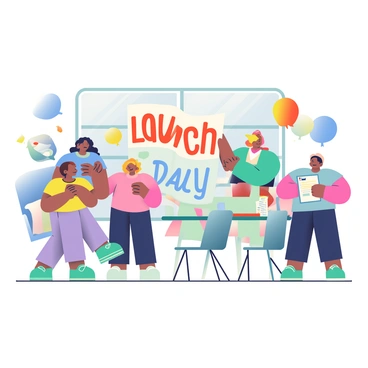 A diverse team of five people is in a bright, spacious room preparing for a product launch day. Two team members are hanging colorful banners with "Launch Day!" written in bold letters. Balloons in varying shades of blue, yellow, and red are tied to chairs and scattered around the space. One person is adjusting a large display table covered with neatly arranged product samples. Another team member is checking a clipboard with a checklist for the event. Excitement is visible on their faces as they collaborate and share ideas, creating a lively atmosphere. Soft natural light filters through large windows, enhancing the vibrant setting.
