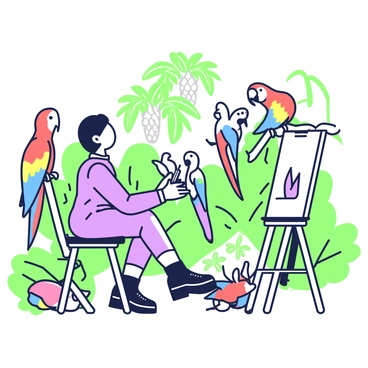 A sketching session is taking place at a bird park. An artist is seated on a stool, holding a sketchpad and pencil, focused intently on drawing. In front of the artist, several colorful parrots are perched on branches. One parrot is bright red with a yellow patch on its wing, while another has a vivid blue body with green and yellow accents. Nearby, a group of tropical birds is interacting, with long tails and striking plumage. The artist's surroundings include lush tropical plants and trees, with the sunlight filtering through the leaves, creating dappled shadows on the ground.
