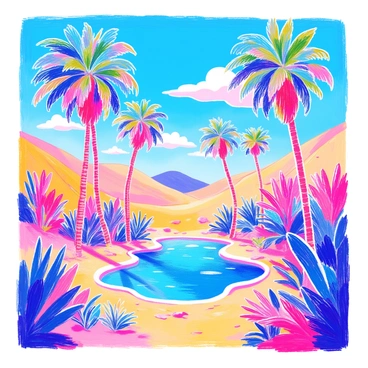 A desert oasis features several tall palm trees with lush green fronds swaying gently. In the center, there is a small pool of clear blue water reflecting the sunlight. Surrounding the pool, soft golden sand is visible, and small patches of vibrant green foliage can be seen peeking through the sand. The sky above is a bright blue, dotted with a few fluffy white clouds.
