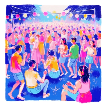 A lively crowd is gathered at a silent disco, with each person wearing brightly colored wireless headphones. Some are dancing energetically, while others are chatting and laughing. The crowd includes a diverse mix of individuals, such as a tall man in a green shirt, a woman in a pink dress, and a group of friends in coordinated outfits. The scene is illuminated with colorful lights, creating a vibrant atmosphere. A few people are sitting on the grass, enjoying the music in their headphones, while others are swaying to the beat.