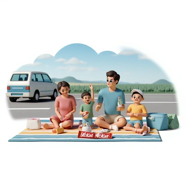 A family of four is sitting on a colorful picnic blanket spread out beside a highway. The father, wearing a blue t-shirt and khaki shorts, is smiling as he holds up a KitKat bar. The mother, in a red dress and sunglasses, is reaching for a KitKat while sitting next to their two children. The older child, a girl wearing a green shirt and denim shorts, has a KitKat in hand and is laughing. The younger child, a boy in a yellow t-shirt and baseball cap, is excitedly unwrapping a KitKat. In the background, a beautiful landscape with green fields and a clear blue sky is visible. A car is parked nearby with bags and a cooler sitting next to it.
