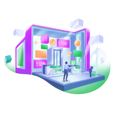 A futuristic bank structure with sleek architecture, entirely composed of transparent screens. The exterior showcases numerous screens that display live cryptocurrency transactions in vibrant colors. Inside, modern furnishings include a streamlined reception desk and digital kiosks. Transparent glass elevators move between the levels, and people interact with floating holographic interfaces. The atmosphere is illuminated by ambient light coming from the screens, creating a dynamic environment focused on digital finance.
