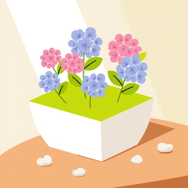 A miniature garden set with bonsai hydrangeas in a small ceramic pot