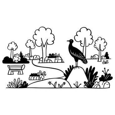 A stone sculpture of a California condor stands prominently in an outdoor public garden. The sculpture features detailed feathers carved into the stone, showcasing the bird's majestic wings and strong posture. Surrounding the sculpture are various plants and flowers, arranged neatly in well-maintained flower beds. A path made of smooth stones leads up to the sculpture, inviting visitors to admire it closely. In the background, a few trees provide shade, while benches are positioned for people to sit and enjoy the garden atmosphere.