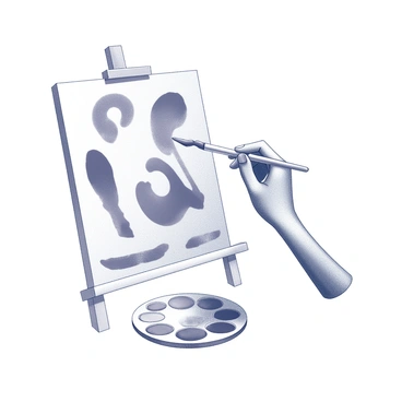 An artist's hand is poised above a canvas, with the index finger extended, engaged in the act of painting. The finger is covered in a mixture of paint, creating bold, abstract shapes on the surface. The canvas is positioned on an easel, displaying a variety of forms such as swirls, circles, and jagged edges, each created with deliberate strokes. The artist's wrist is slightly bent, showcasing the fluid motion and creative expression as they layer the colors and shapes. A palette with multiple sections of paint lies nearby, indicating a vibrant selection of hues ready for use.