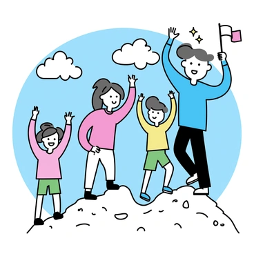 A family of four, consisting of a father wearing a blue jacket, a mother in a red sweater, a young boy in green shorts, and a girl with braids in a pink shirt, stands triumphantly at the summit of a rocky mountain. They are all raising their arms in celebration, with smiles on their faces. The background features a clear blue sky with a few fluffy white clouds, while the rugged mountain terrain is visible around them. Each member of the family is wearing sturdy hiking boots, and the boy is holding a small flag.