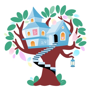 A large whimsical treehouse built among thick branches of a sturdy tree. The treehouse has a uniquely shaped structure with multiple stories and balconies. It is decorated with vibrant "ahki" artwork that features colorful patterns and designs covering the walls. Various lanterns in different sizes and shapes hang from the branches around the treehouse, glowing softly in an array of colors. The tree is surrounded by lush green leaves, and a winding staircase leads up to the entrance of the treehouse.