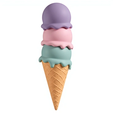 An ice cream cone, made of a crispy waffle, is filled with three scoops of ice cream. The bottom scoop is a small mint green scoop, representing mint chocolate chip flavor. The middle scoop is a larger pink scoop, depicting strawberry flavor. At the top is the largest scoop, a vibrant purple scoop, showcasing blackcurrant flavor. Each scoop is perfectly spherical, with small drips of melting ice cream running down the sides, highlighting the different colors and textures of the flavors.