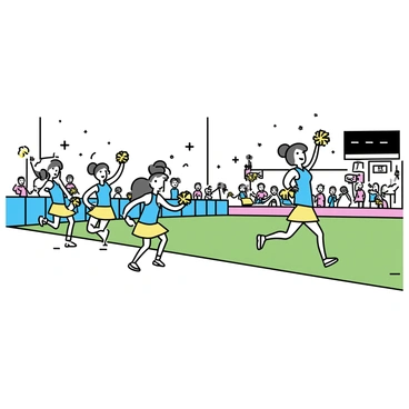 A group of cheerleaders, dressed in vibrant blue and yellow uniforms, is energetically performing on the sidelines of a football field. They are executing a coordinated routine, with some cheerleaders in mid-air executing jumps and stunts, while others are holding pom-poms and cheering enthusiastically. The football field is illuminated by bright stadium lights, and the scoreboard in the background displays the game score. In the audience, spectators are visible, some waving banners and showing support for their team. The atmosphere is lively with excitement and team spirit.